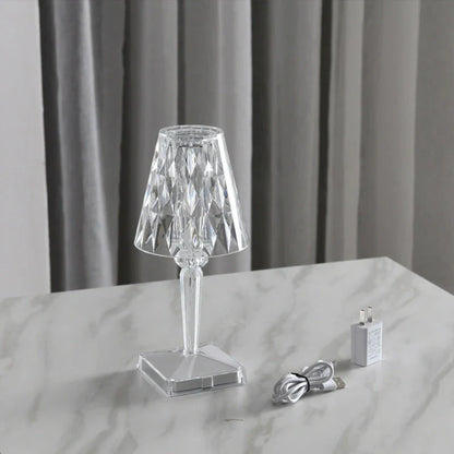 Elegant acrylic crystal table lamp with touch-sensitive dimming and rechargeable battery for home, bedroom and cafe use