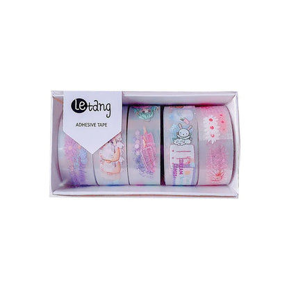 Five rolls of decorative washi tape with dinosaur, duck, rabbit and cat cartoon designs