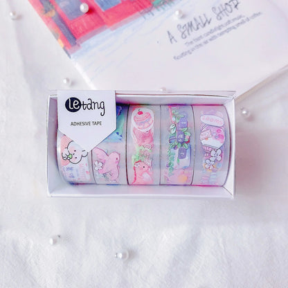 Five rolls of decorative washi tape with dinosaur, duck, rabbit and cat cartoon designs