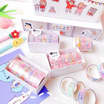 Five rolls of decorative washi tape with dinosaur, duck, rabbit and cat cartoon designs