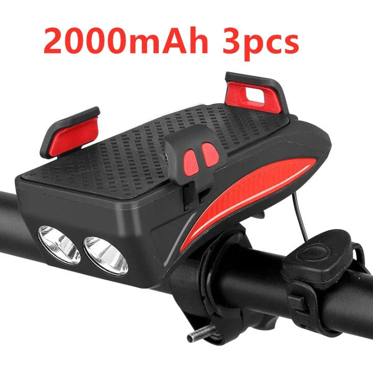 Multifunctional bike mount with horn, lights, and adjustable phone holder for secure storage and charging on the go