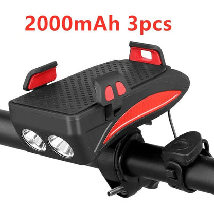 Multifunctional bike mount with horn, lights, and adjustable phone holder for secure storage and charging on the go