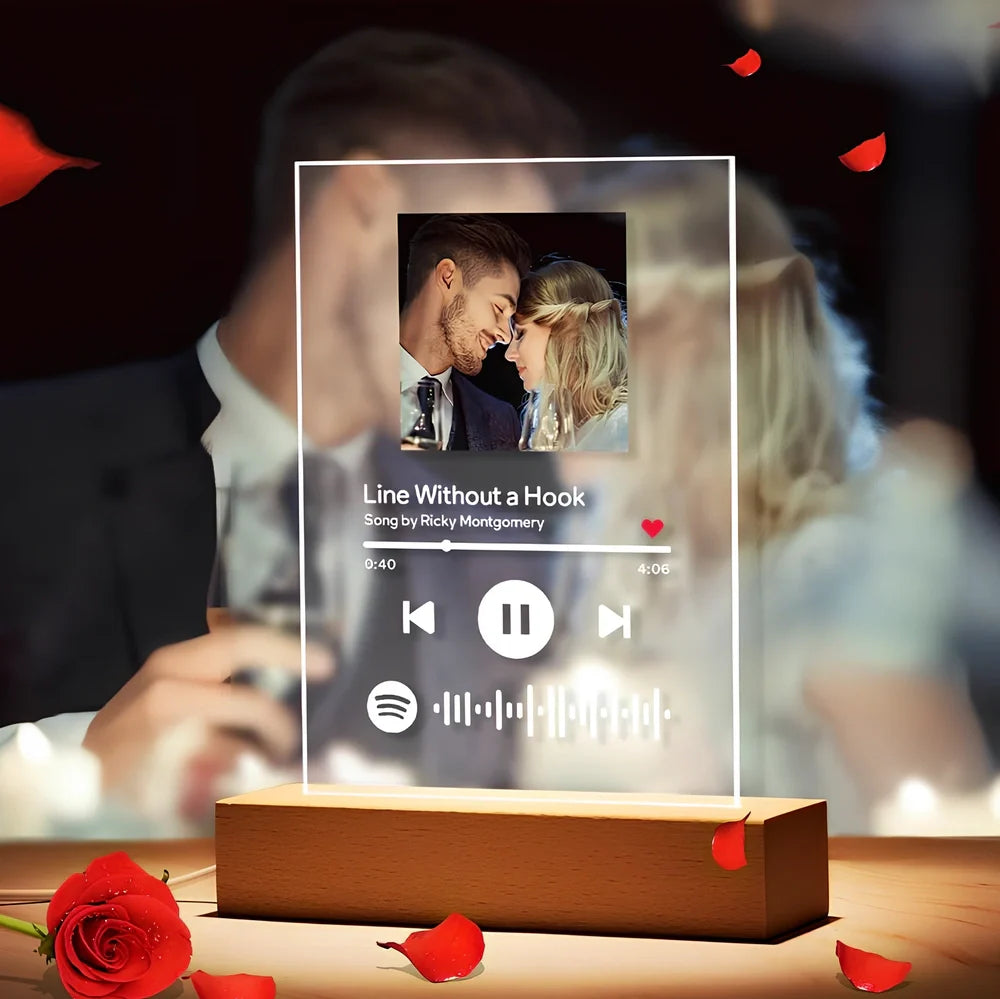 Custom acrylic night light with engraved photo and song lyrics, 22cm wide with LED base