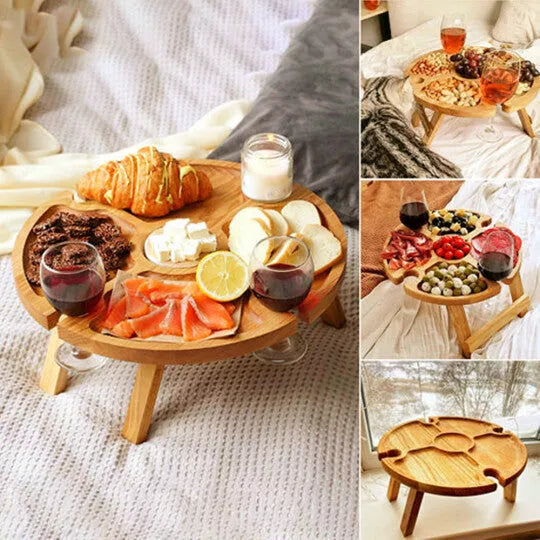 Portable foldable small wooden table for outdoor wine and snacks