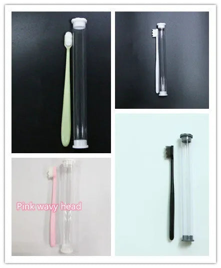 Micron soft toothbrush with coloured handles and different bristle styles including flat head and wavy designs