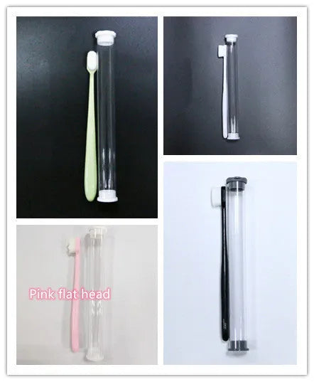 Micron soft toothbrush with coloured handles and different bristle styles including flat head and wavy designs