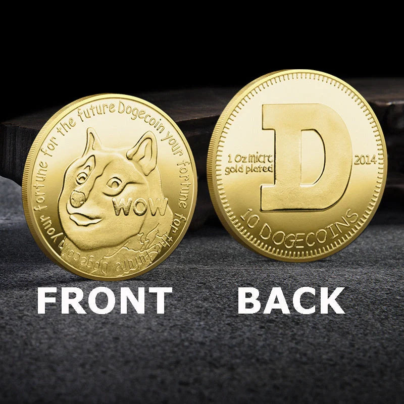 Gold Plated Dogecoin Commemorative Coin featuring a cute dog pattern, perfect for collectors and crypto enthusiasts.