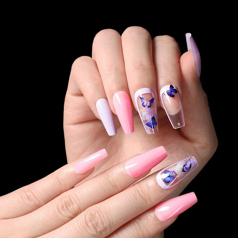 Set of 24 fake nails with nail art tool, showing colours A1 to A46, dimensions 13.5x6.8x1.2 cm