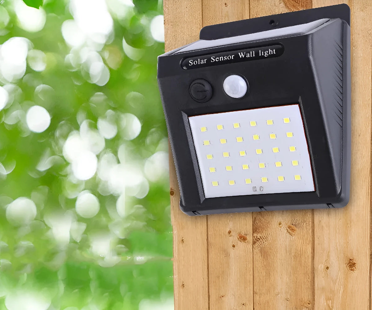 Solar-powered outdoor garden lamp with motion sensor mounted on wooden post