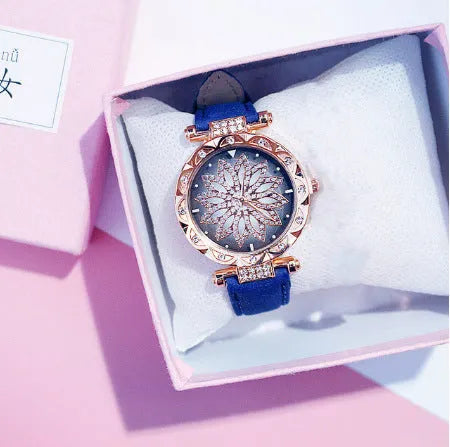 Women's diamond decorative watch with round dial showing red colour option and pin buckle clasp
