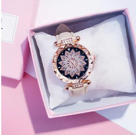 Women's diamond decorative watch with round dial showing red colour option and pin buckle clasp