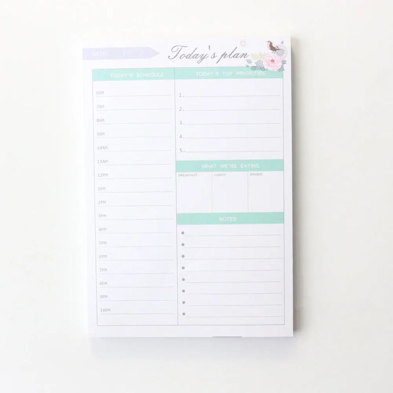 Student desk organiser pad with paper brick construction, available in six style options including weekly plan, monthly plan and memo formats in pink and green colour mixes for school and office stationery organisation.