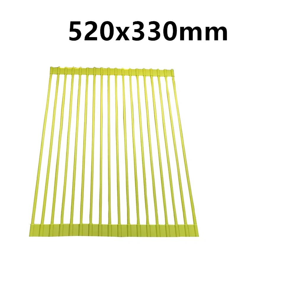 Stainless steel sink drain rack with rolling curtain design folded to show compact 5cm storage thickness