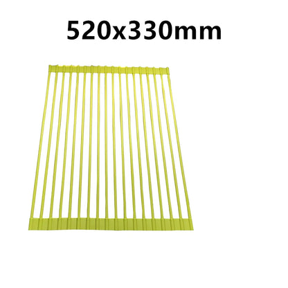 Stainless steel sink drain rack with rolling curtain design folded to show compact 5cm storage thickness