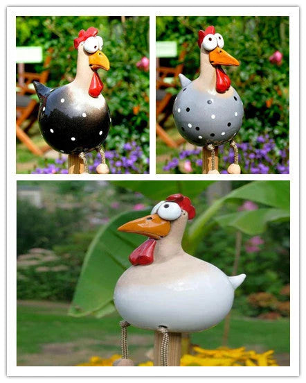Charming hen and rooster ornaments made of durable resin with vibrant colours and intricate details for elegant garden decor