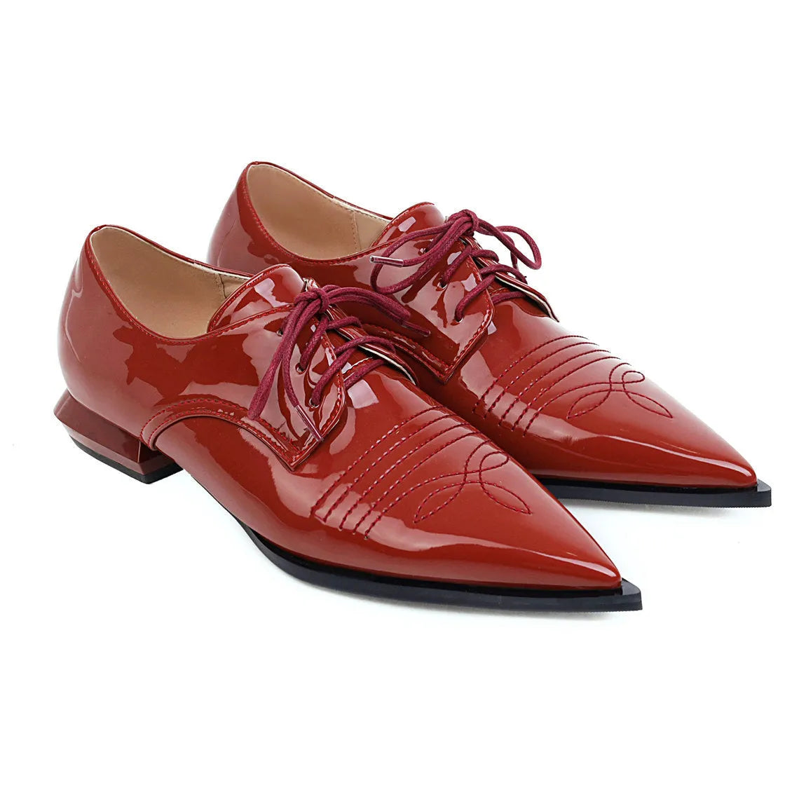 Women's black low heel pointed toe lace-up shoes with cross straps, artificial PU upper, 1-3cm heel