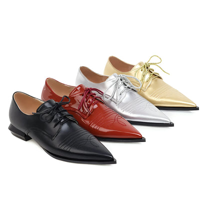 Women's black low heel pointed toe lace-up shoes with cross straps, artificial PU upper, 1-3cm heel