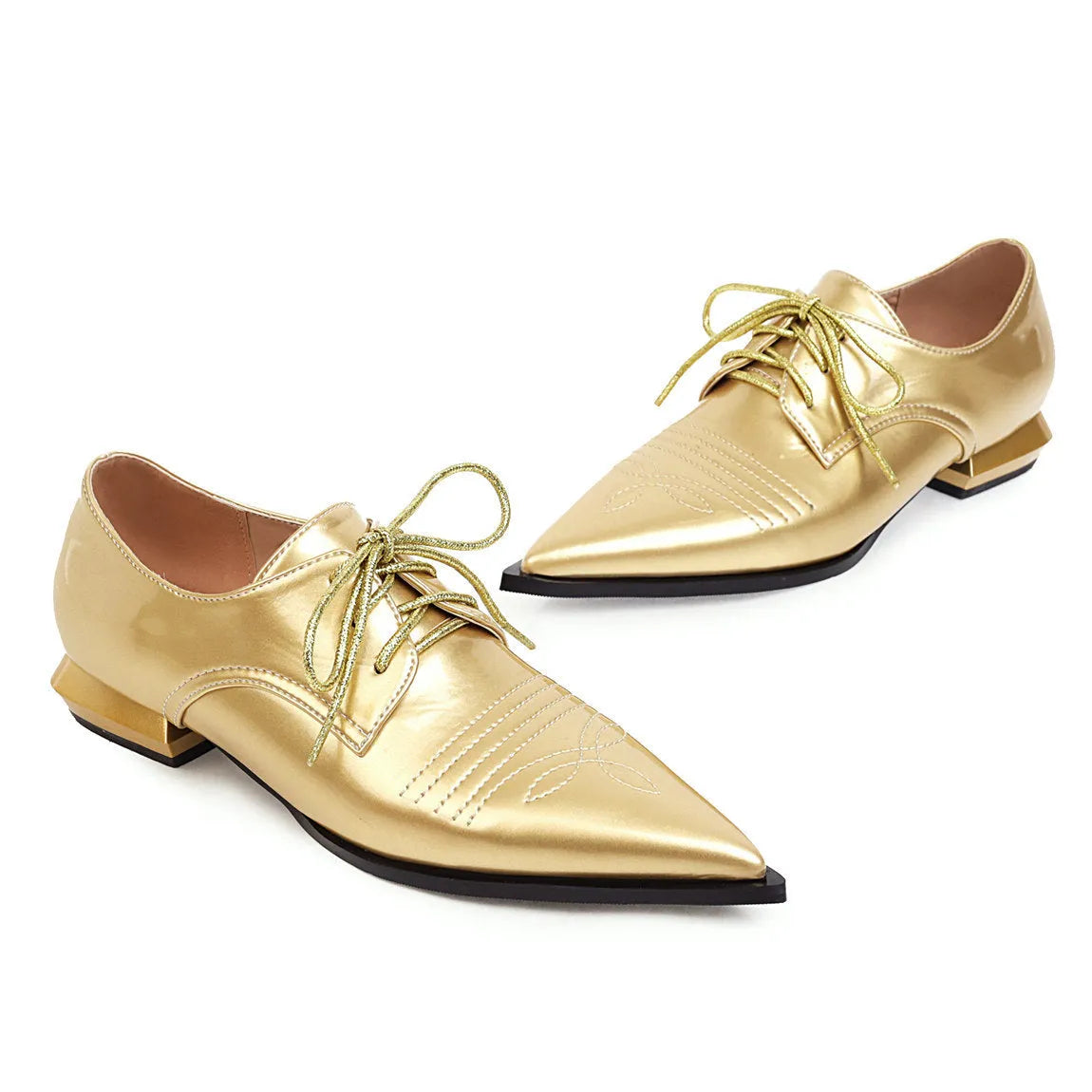 Women's black low heel pointed toe lace-up shoes with cross straps, artificial PU upper, 1-3cm heel