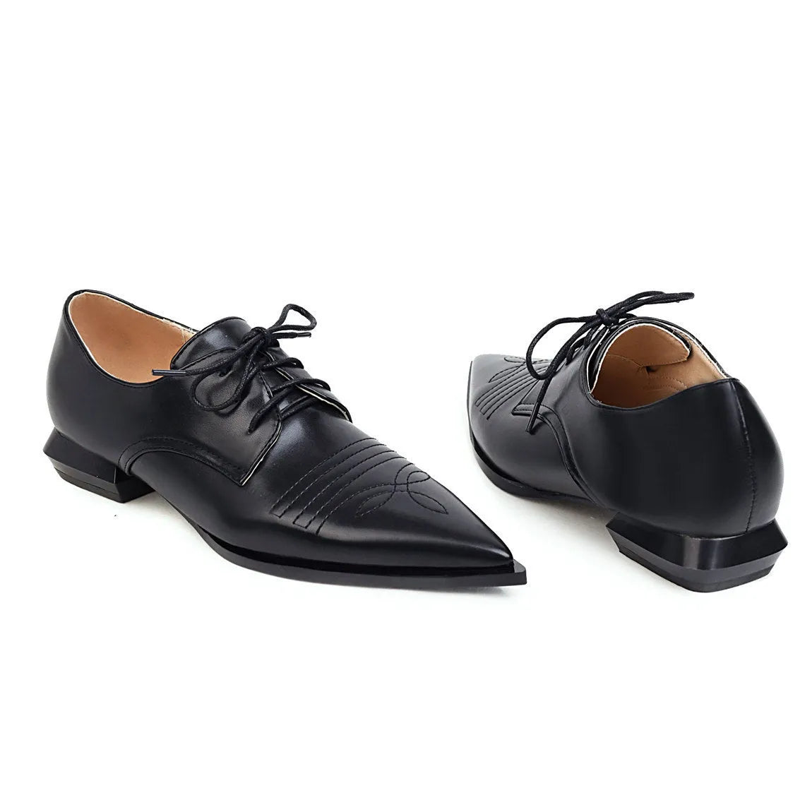 Women's black low heel pointed toe lace-up shoes with cross straps, artificial PU upper, 1-3cm heel
