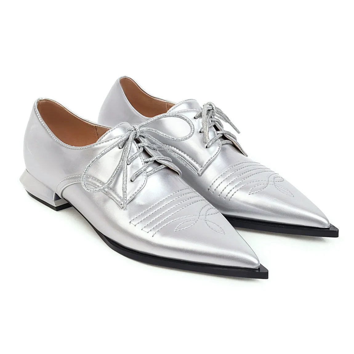 Women's black low heel pointed toe lace-up shoes with cross straps, artificial PU upper, 1-3cm heel