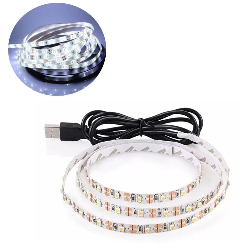 USB-powered flexible LED light strip, 1 metre long, with 50cm USB cable, showing multiple colour options including white and blue.
