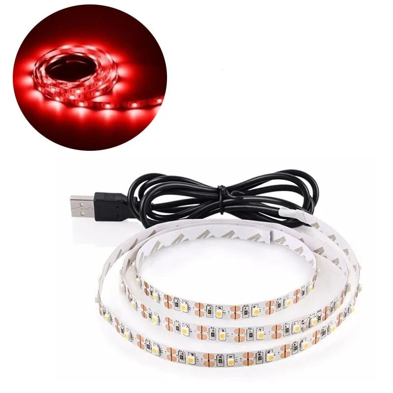 USB-powered flexible LED light strip, 1 metre long, with 50cm USB cable, showing multiple colour options including white and blue.