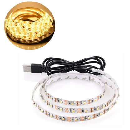 USB-powered flexible LED light strip, 1 metre long, with 50cm USB cable, showing multiple colour options including white and blue.
