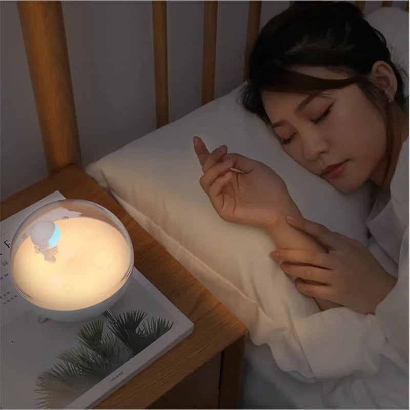USB cartoon night light with LED illumination, modern simple style desk lamp or bedroom atmosphere light available in white or blue colour, powered via USB connection, includes regular and sleep aid modes for versatile use.
