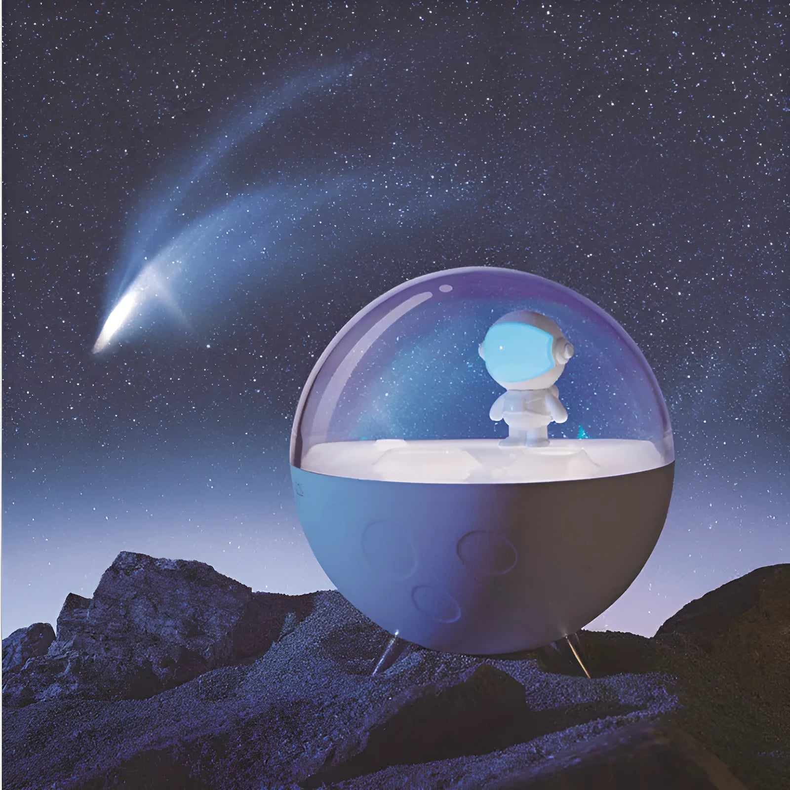 A modern simple style USB-powered cartoon LED night light showing white and blue light colour options.