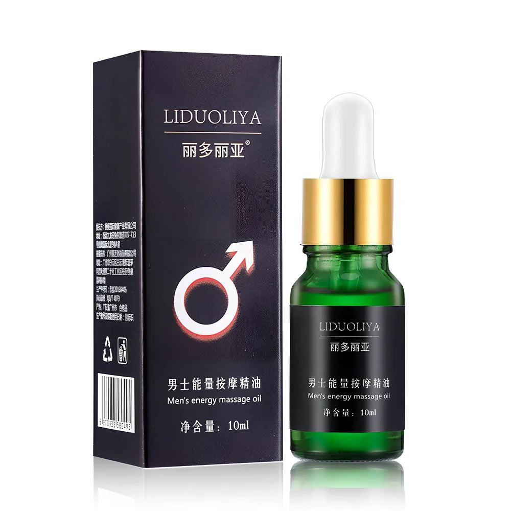 10ml dark glass bottle of men's essential oil massage blend with dropper