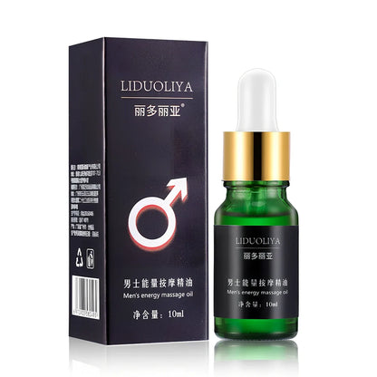 10ml dark glass bottle of men's essential oil massage blend with dropper