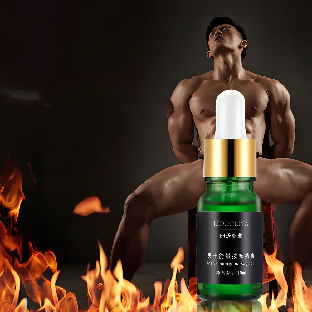 10ml dark glass bottle of men's essential oil massage blend with dropper