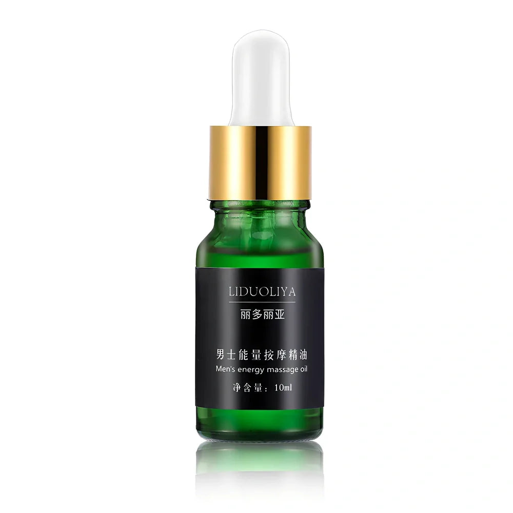 10ml dark glass bottle of men's essential oil massage blend with dropper