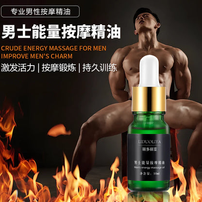 10ml dark glass bottle of men's essential oil massage blend with dropper