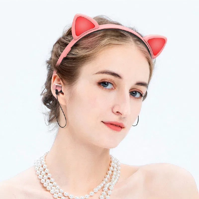 LED Glowing True Wireless Bluetooth Headphones with Cat Ear Headband, Microphone, 120mAh Battery, 6-Hour Playtime, Detachable Earmuffs, Magnetic Adsorption, for All Phones, Girls Gift