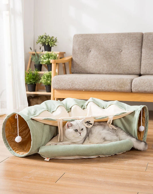 Collapsible cat tunnel made of durable, washable cloth in various colours for feline playtime and relaxation