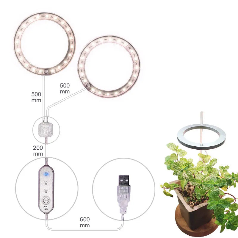 USB LED grow light with angel ring design for indoor plants showing full spectrum lighting