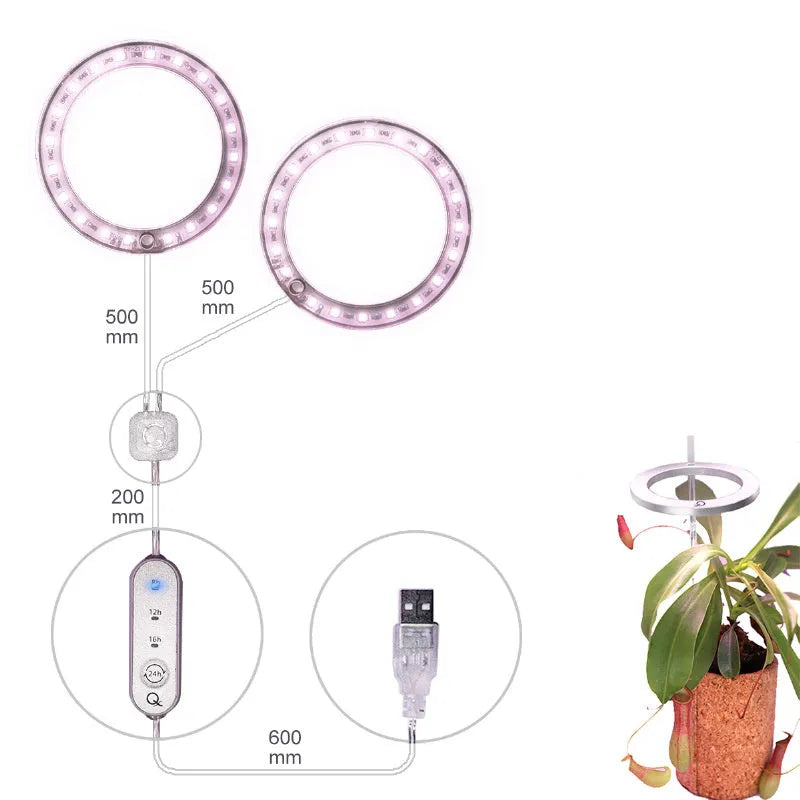 USB LED grow light with angel ring design for indoor plants showing full spectrum lighting