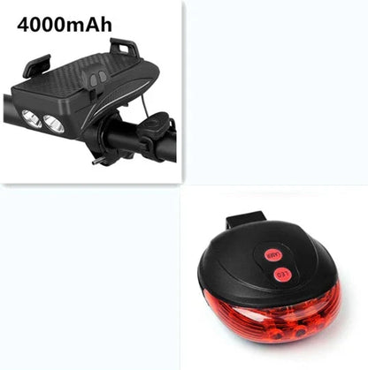 Multifunctional bike mount with horn, lights, and adjustable phone holder for secure storage and charging on the go