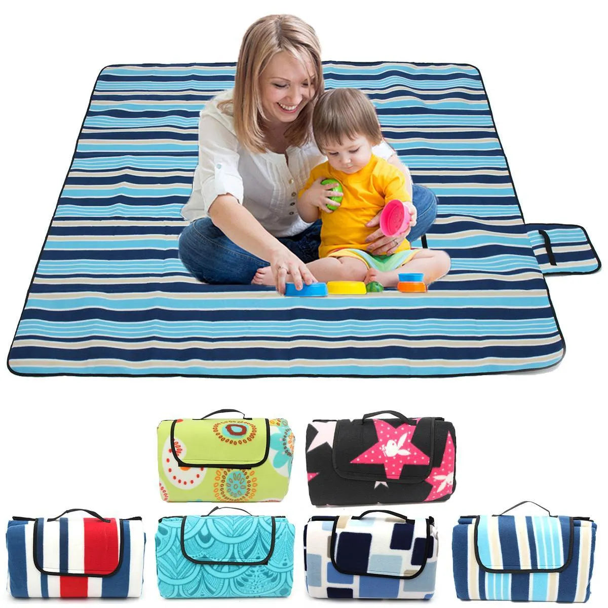 Waterproof camping picnic mat 200x150cm thickened, shown in blue peacock, dark starry sky, sun flower, and blue stripes