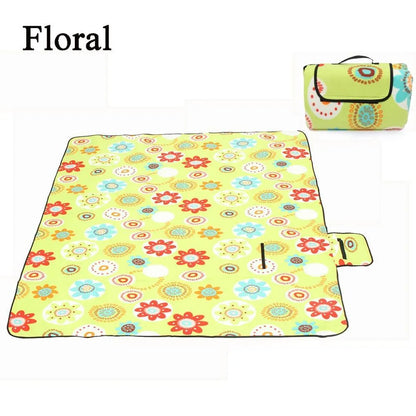 Waterproof camping picnic mat 200x150cm thickened, shown in blue peacock, dark starry sky, sun flower, and blue stripes