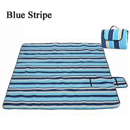 Waterproof camping picnic mat 200x150cm thickened, shown in blue peacock, dark starry sky, sun flower, and blue stripes