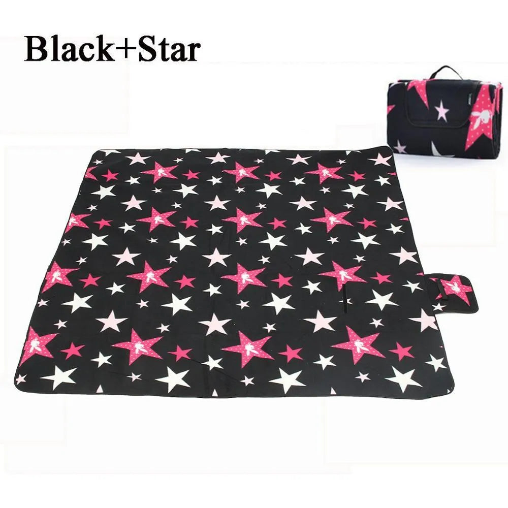 Waterproof camping picnic mat 200x150cm thickened, shown in blue peacock, dark starry sky, sun flower, and blue stripes
