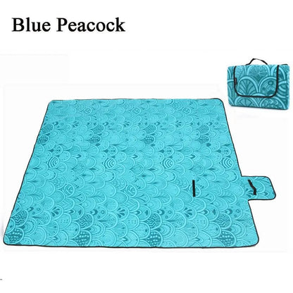 Waterproof camping picnic mat 200x150cm thickened, shown in blue peacock, dark starry sky, sun flower, and blue stripes