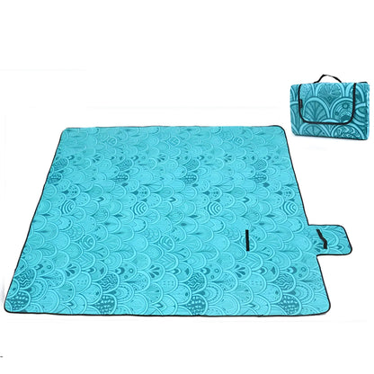 Waterproof camping picnic mat 200x150cm thickened, shown in blue peacock, dark starry sky, sun flower, and blue stripes
