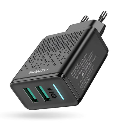 Black dual USB charger with EU plug showing two USB ports for charging devices