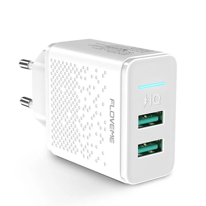 Black dual USB charger with EU plug showing two USB ports for charging devices