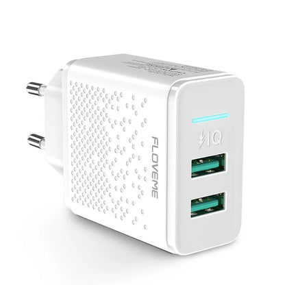 Black dual USB charger with EU plug showing two USB ports for charging devices
