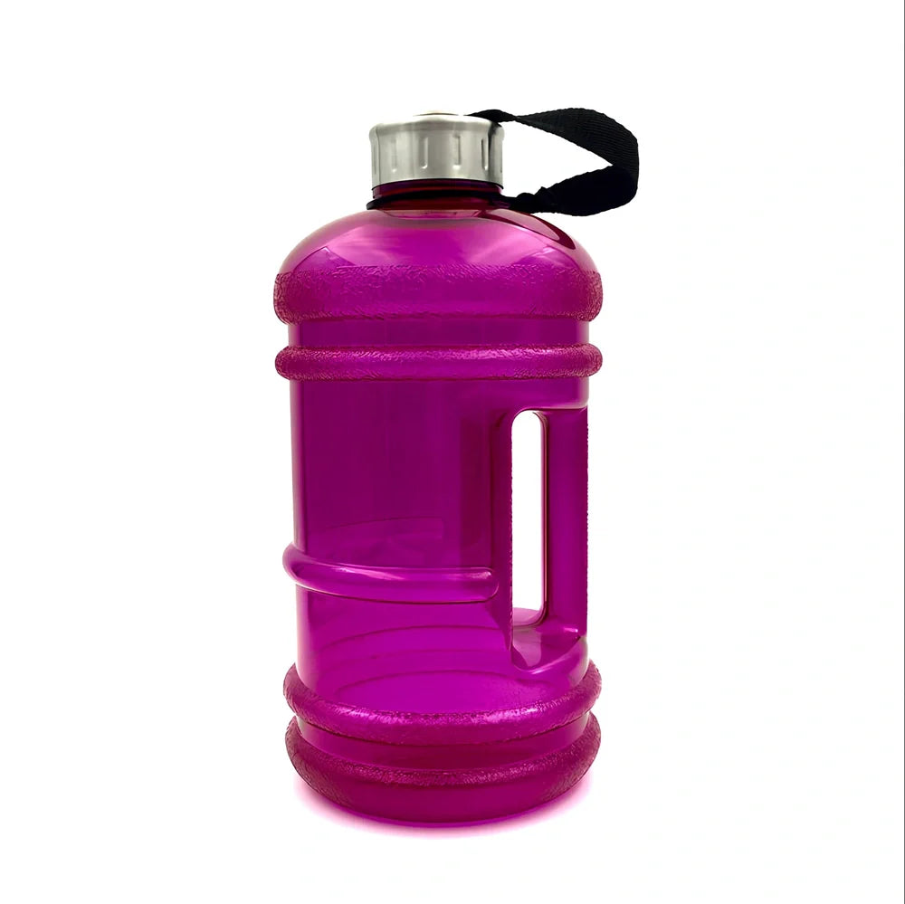 2-litre sports bottle with dumbbell shape in multiple colours including fuchsia, blue, pink, black, green, yellow