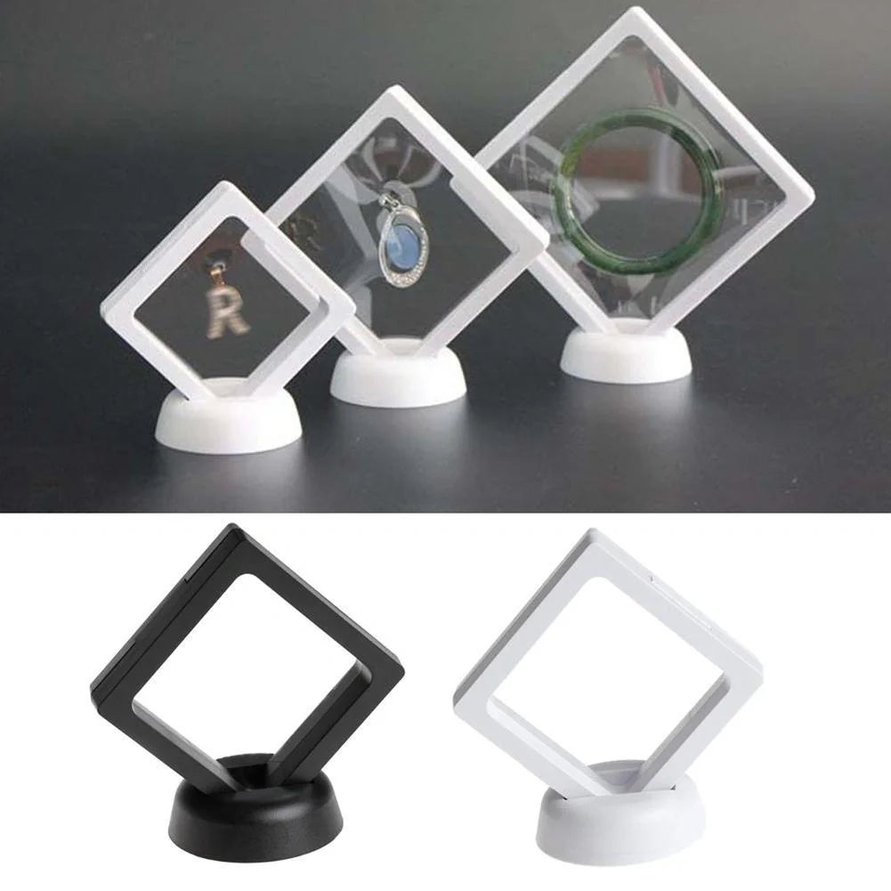 3D floating jewelry coin display stand in white and black, showcasing collectibles in mid-air